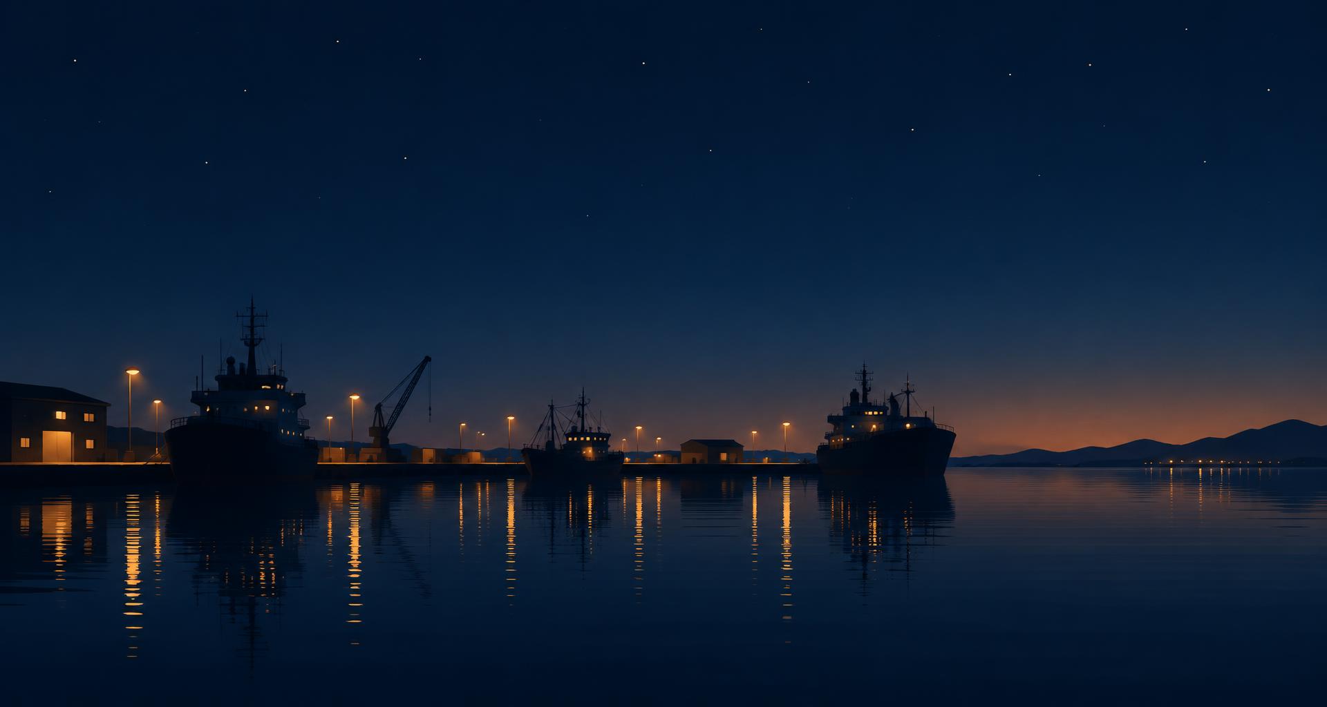 Cais ao anoitecer com navios atracados e luzes refletindo na água
